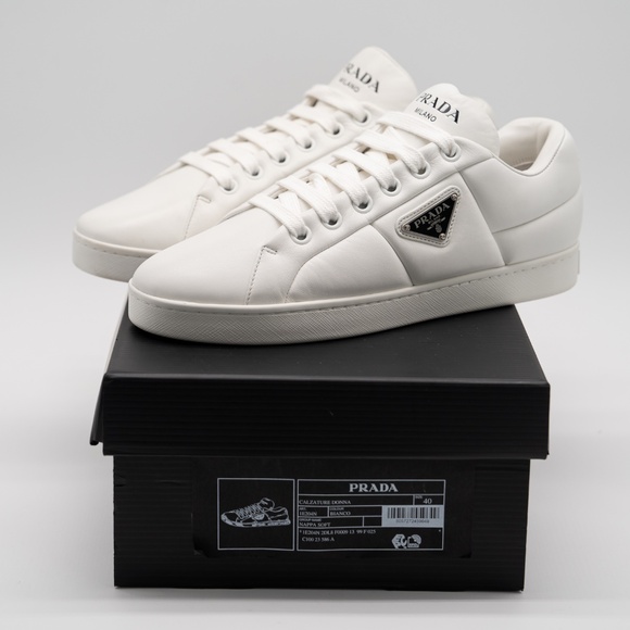 size 40eu 10 US Prada Triangle Logo Padded Sneakers White Leather Triangle - Picture 14 of 15